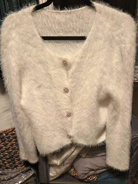 Fuzzy Button-Front Cardigan in Cream Like New